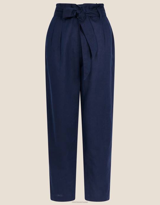 Monsoon نحيف بنطلون الخصر كيس ورق الكتان D68H1140 ملابس الأزرق الداكن)