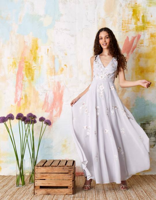 Monsoon نحيف فستان ماكسي مطرز بالزهور من أديسون D68H1146 ملابس أزرق