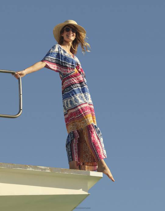 Monsoon نحيف فستان روبرت ماكسي مخطط بنقشة الزهور في لينزينغ إيكوفيرو D68H1154 ملابس أزرق