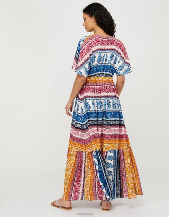 Monsoon نحيف فستان روبرت ماكسي مخطط بنقشة الزهور في لينزينغ إيكوفيرو D68H1154 ملابس أزرق