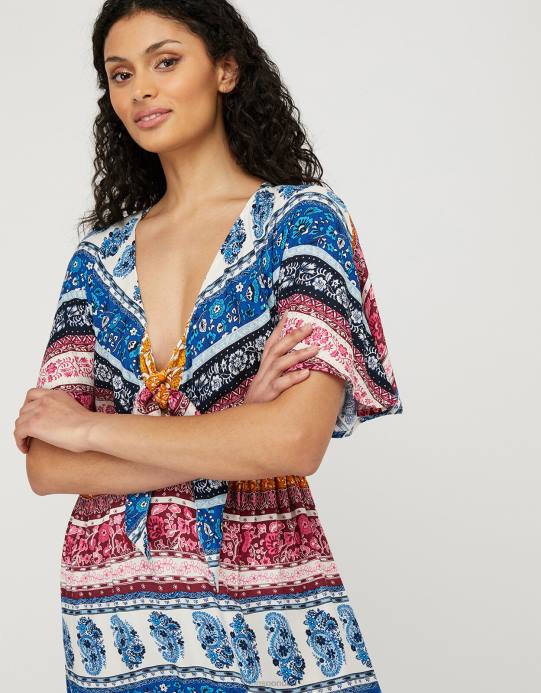 Monsoon نحيف فستان روبرت ماكسي مخطط بنقشة الزهور في لينزينغ إيكوفيرو D68H1154 ملابس أزرق