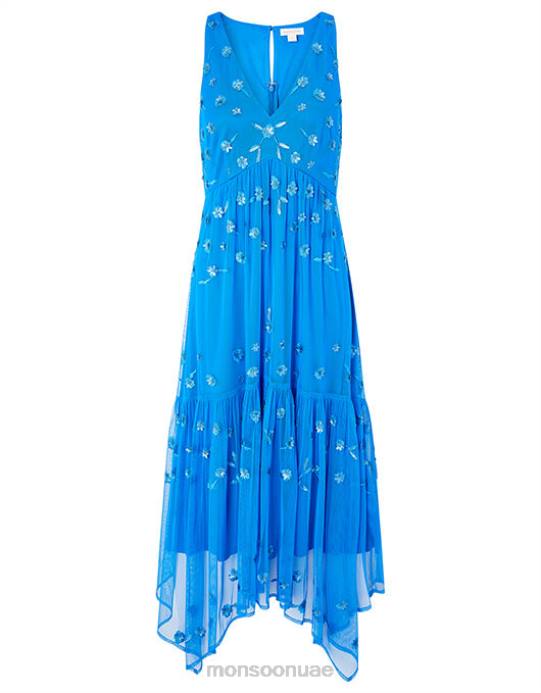 Monsoon نحيف فستان كارميلا بحاشية منديل مزين بالترتر D68H1159 ملابس أزرق