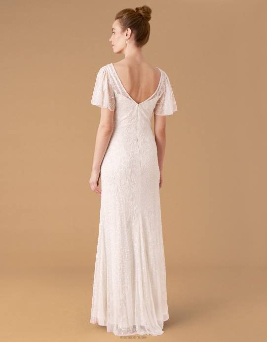 Monsoon نحيف فستان زفاف بأكمام رفرفة منمق كيتي D68H1160 ملابس عاج