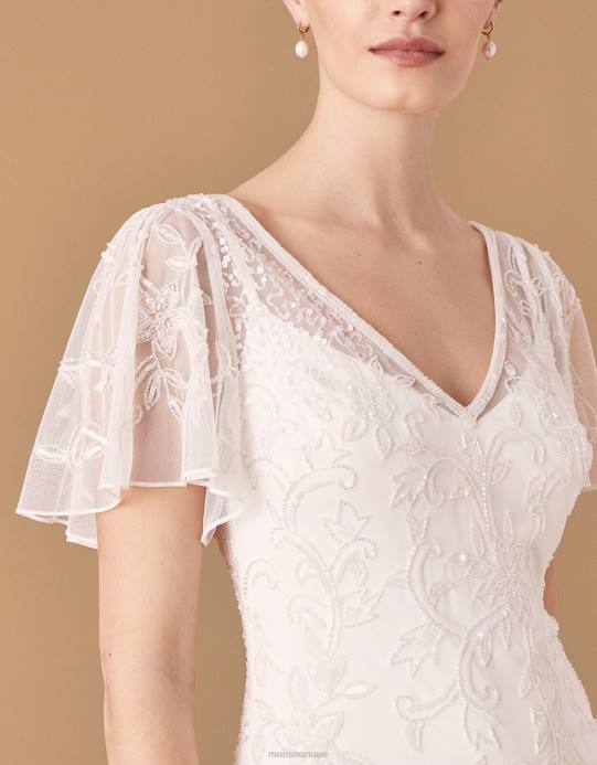 Monsoon نحيف فستان زفاف بأكمام رفرفة منمق كيتي D68H1160 ملابس عاج