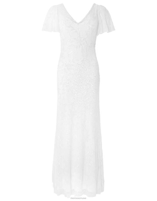 Monsoon نحيف فستان زفاف بأكمام رفرفة منمق كيتي D68H1160 ملابس عاج