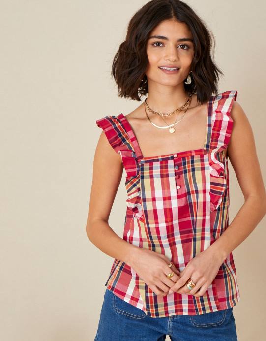 Monsoon نحيف نيلا قميص كامي مربع من القطن العضوي D68H1177 ملابس أحمر