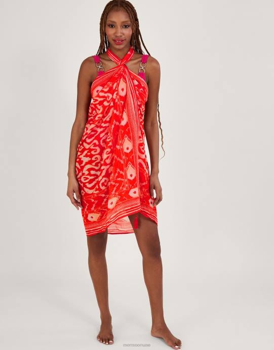 Monsoon نحيف ردائه طباعة إيكات D68H1185 ملابس البرتقالي