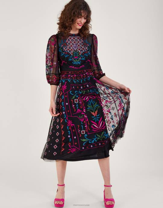 Monsoon نحيف مادي فستان الشاي المطرز D68H12 ملابس أسود