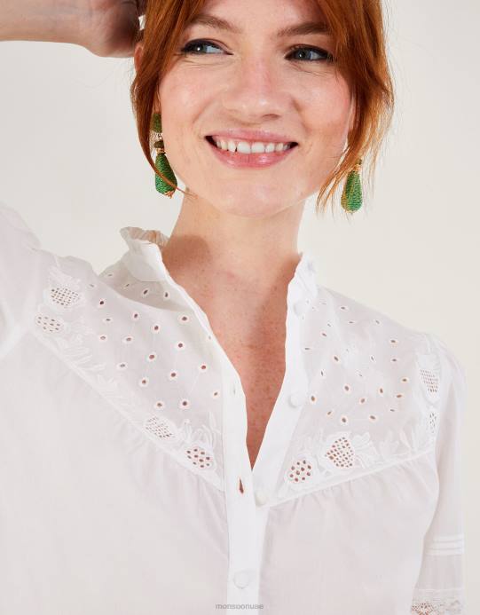 Monsoon نحيف بلوزة برونوين بروديري بينتوك مطرزة D68H122 ملابس أبيض