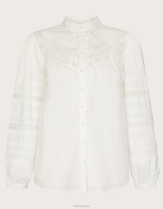 Monsoon نحيف بلوزة برونوين بروديري بينتوك مطرزة D68H122 ملابس أبيض