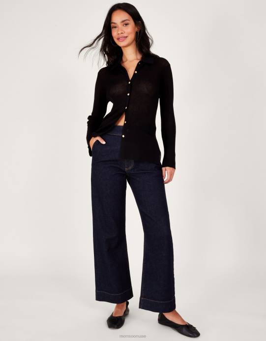 Monsoon نحيف سترة شفافة بياقة D68H124 ملابس أسود