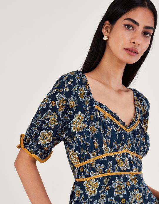 Monsoon نحيف فستان زهرة منقط D68H126 ملابس الأزرق الداكن)