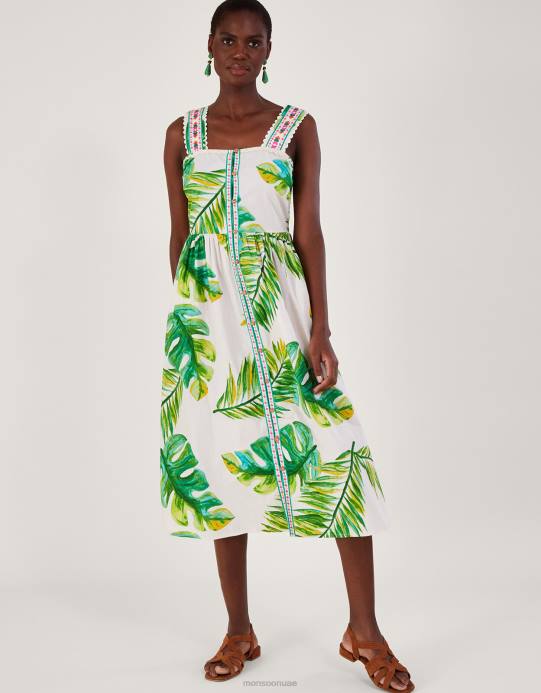 Monsoon نحيف فستان الشمس طباعة النخيل D68H127 ملابس أبيض
