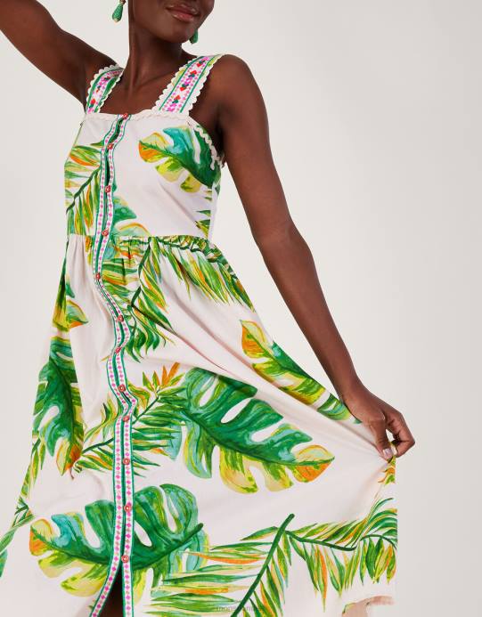 Monsoon نحيف فستان الشمس طباعة النخيل D68H127 ملابس أبيض