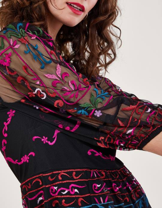 Monsoon نحيف مادي فستان الشاي المطرز D68H12 ملابس أسود