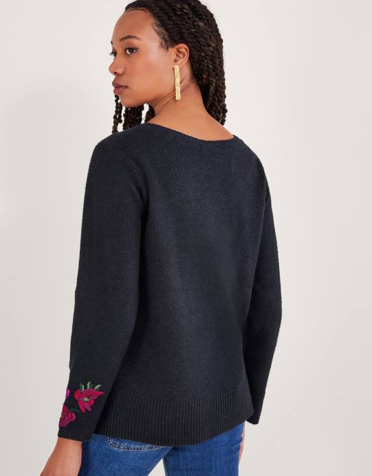 Monsoon نحيف البلوز المطرزة الأزهار D68H131 ملابس الأزرق الداكن)