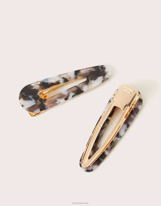 Monsoon نحيف مجموعة من مشابك الشعر المصنوعة من الراتنج المنقوشة، مكونة من قطعتين D68H1348 ملحق أسود