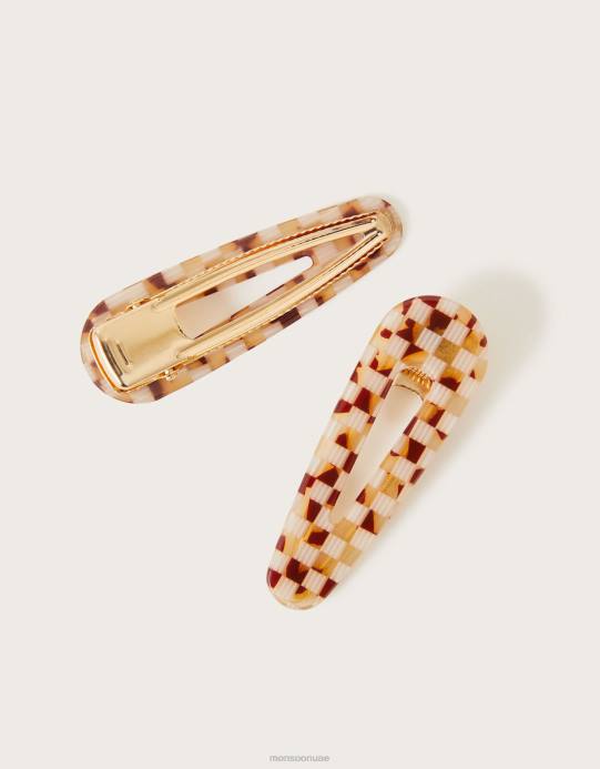 Monsoon نحيف مجموعة من مشابك الشعر المصنوعة من الراتنج المنقوشة، مكونة من قطعتين D68H1360 ملحق بني