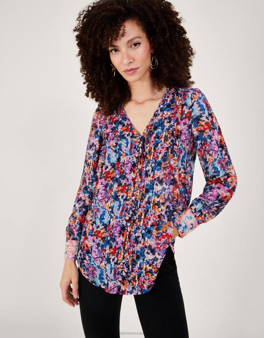 Monsoon نحيف بلوزة مطوية بطبعة بالمر من الفيسكوز المستدام D68H137 ملابس عاج