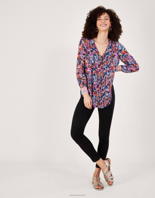 Monsoon نحيف بلوزة مطوية بطبعة بالمر من الفيسكوز المستدام D68H137 ملابس عاج