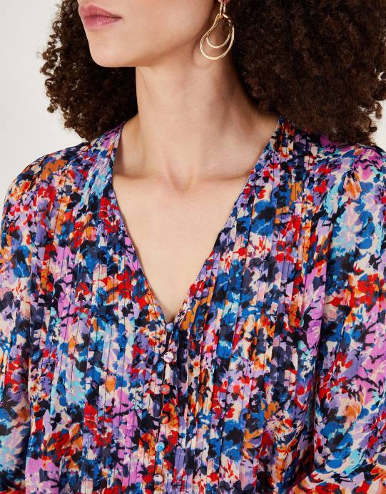 Monsoon نحيف بلوزة مطوية بطبعة بالمر من الفيسكوز المستدام D68H137 ملابس عاج