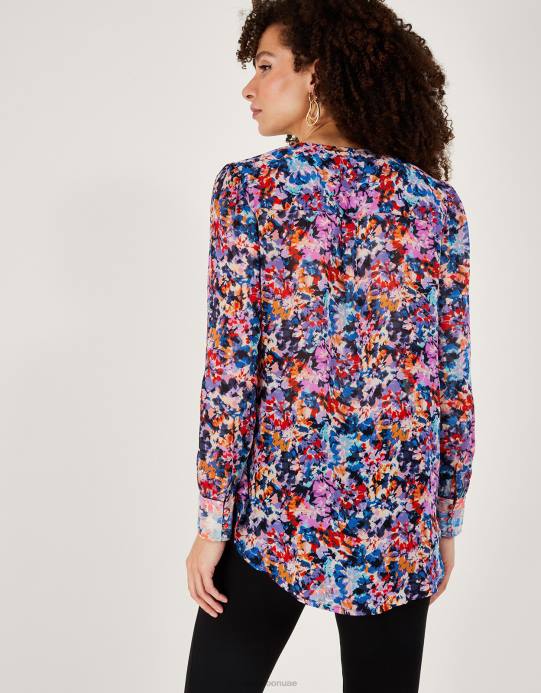 Monsoon نحيف بلوزة مطوية بطبعة بالمر من الفيسكوز المستدام D68H137 ملابس عاج