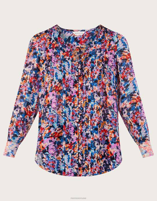 Monsoon نحيف بلوزة مطوية بطبعة بالمر من الفيسكوز المستدام D68H137 ملابس عاج