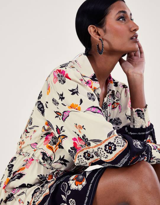 Monsoon نحيف فستان قميص الأزهار D68H140 ملابس عاج