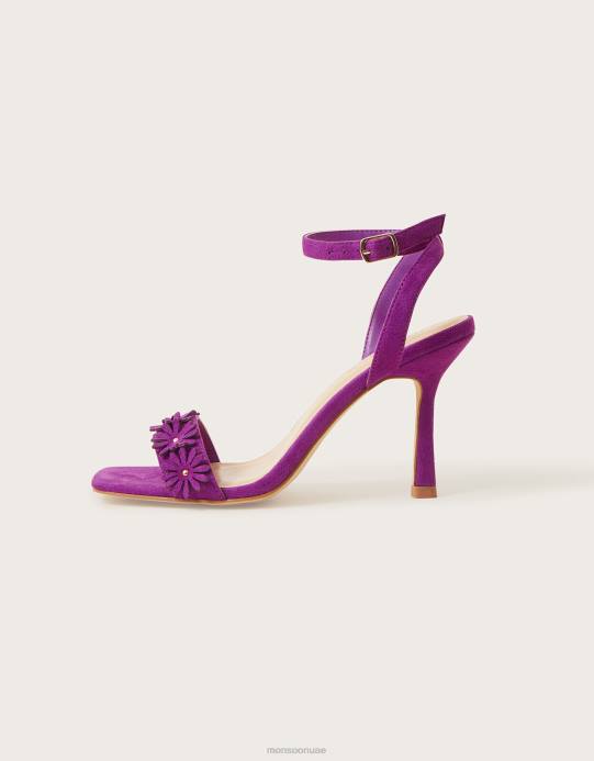 Monsoon نحيف الصنادل كعب زهرة من جلد الغزال D68H1482 أحذية أرجواني