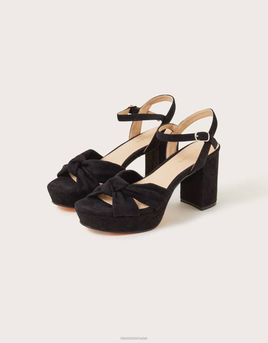 Monsoon نحيف صنادل منصة من جلد الغزال بعقدة ملتوية D68H1483 أحذية أسود