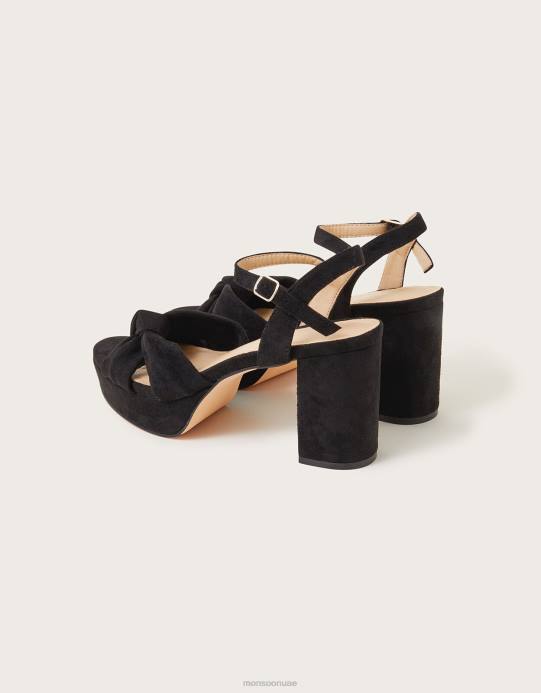 Monsoon نحيف صنادل منصة من جلد الغزال بعقدة ملتوية D68H1483 أحذية أسود