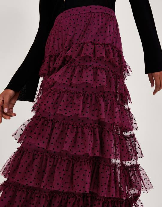 Monsoon نحيف تنورة ديلا منقط بطبقات D68H148 ملابس الأحمر (التوت)