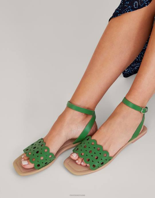 Monsoon نحيف الصنادل الجلدية المقطوعة D68H1534 أحذية أخضر