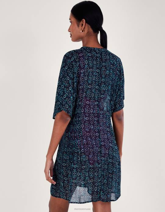 Monsoon نحيف طباعة القفطان المطرز D68H154 ملابس الأزرق الداكن)