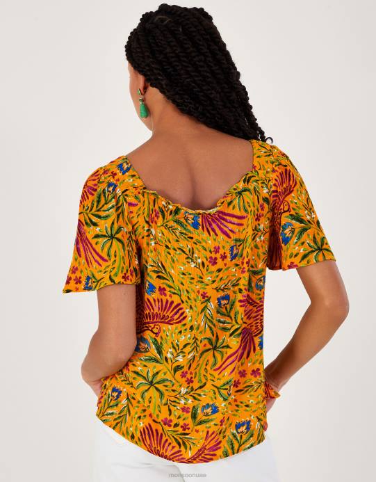 Monsoon نحيف بلوزة بأكمام قصيرة وطبعات زهور ونخيل في لينزينج إيكوفيرو D68H157 ملابس أصفر