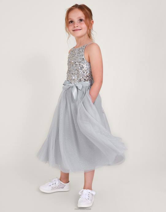 Monsoon بنت فستان مناسبات مزين بالترتر المُعاد تدويره من تروث D68H1586 ملابس رمادي