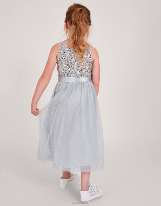 Monsoon بنت فستان مناسبات مزين بالترتر المُعاد تدويره من تروث D68H1586 ملابس رمادي