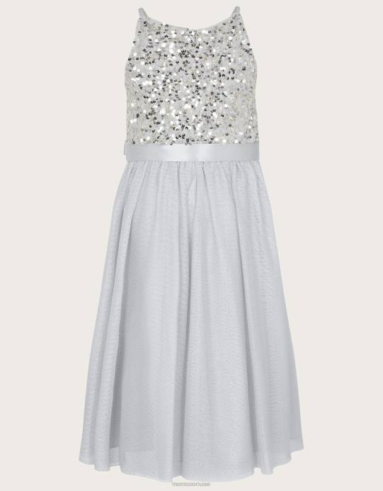 Monsoon بنت فستان مناسبات مزين بالترتر المُعاد تدويره من تروث D68H1586 ملابس رمادي