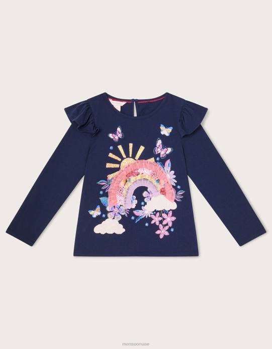 Monsoon بنت قوس قزح طويلة الأكمام أعلى D68H1620 ملابس الأزرق الداكن)