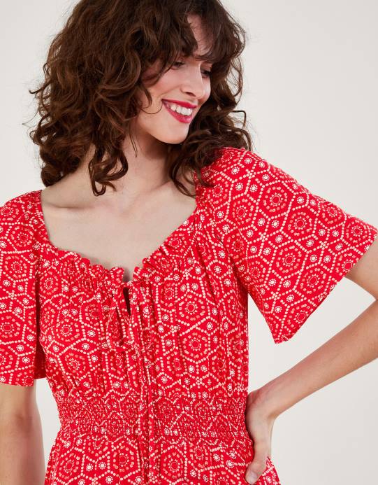 Monsoon نحيف فستان بطباعة هندسية D68H165 ملابس أحمر