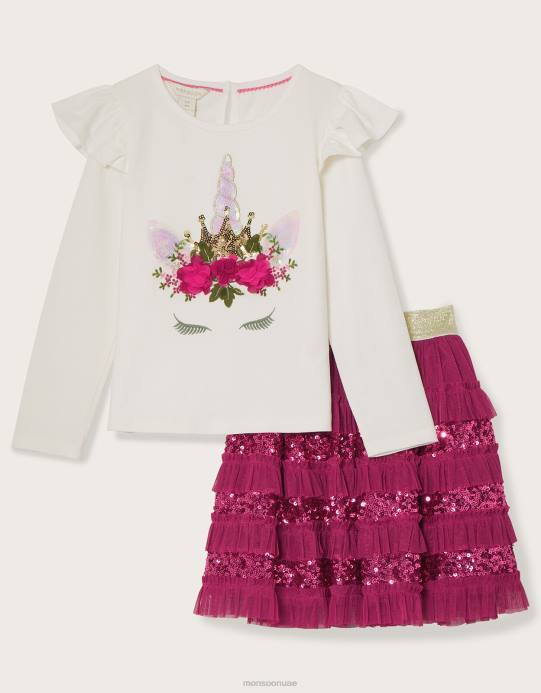 Monsoon بنت طقم علوي وتنورة ديسكو بتصميم يونيكورن D68H1668 ملابس الوردي (الوردي الساطع)