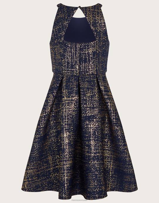Monsoon بنت فستان حفلة موسيقية بطباعة رقائق معدنية D68H1678 ملابس الأزرق الداكن)