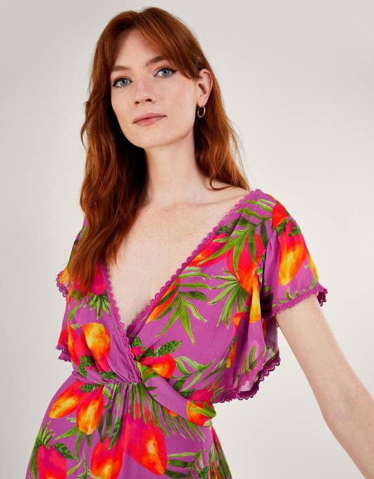 Monsoon نحيف فستان أتينا بطبعة من الفيسكوز المستدام D68H167 ملابس أرجواني