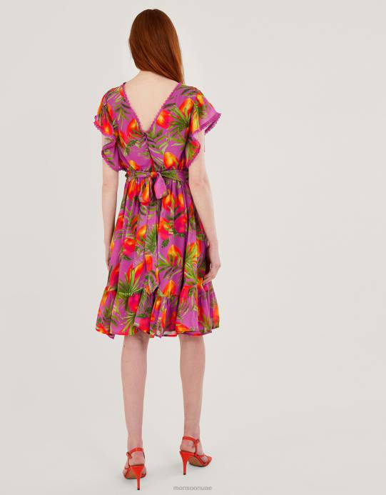 Monsoon نحيف فستان أتينا بطبعة من الفيسكوز المستدام D68H167 ملابس أرجواني