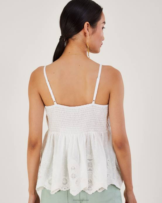 Monsoon نحيف بلوزة كامي بحافة صدفية مطرزة ممتازة D68H168 ملابس أبيض