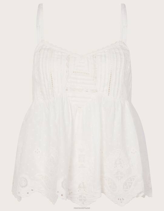 Monsoon نحيف بلوزة كامي بحافة صدفية مطرزة ممتازة D68H168 ملابس أبيض