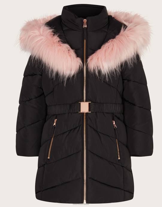 Monsoon بنت معطف بغطاء رأس من الفرو الصناعي بحزام D68H1691 ملابس أسود