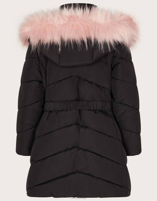 Monsoon بنت معطف بغطاء رأس من الفرو الصناعي بحزام D68H1691 ملابس أسود