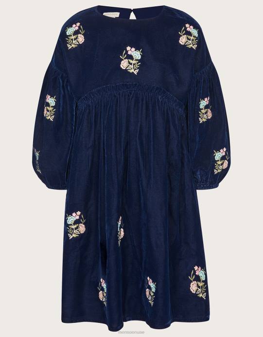 Monsoon بنت فستان مخملي مطرز D68H1693 ملابس الأزرق الداكن)