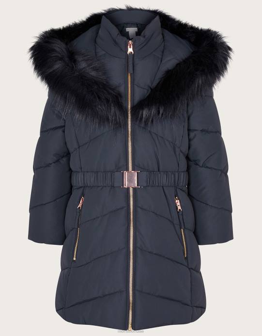 Monsoon بنت معطف بغطاء رأس من الفرو الصناعي بحزام D68H1698 ملابس الأزرق الداكن)